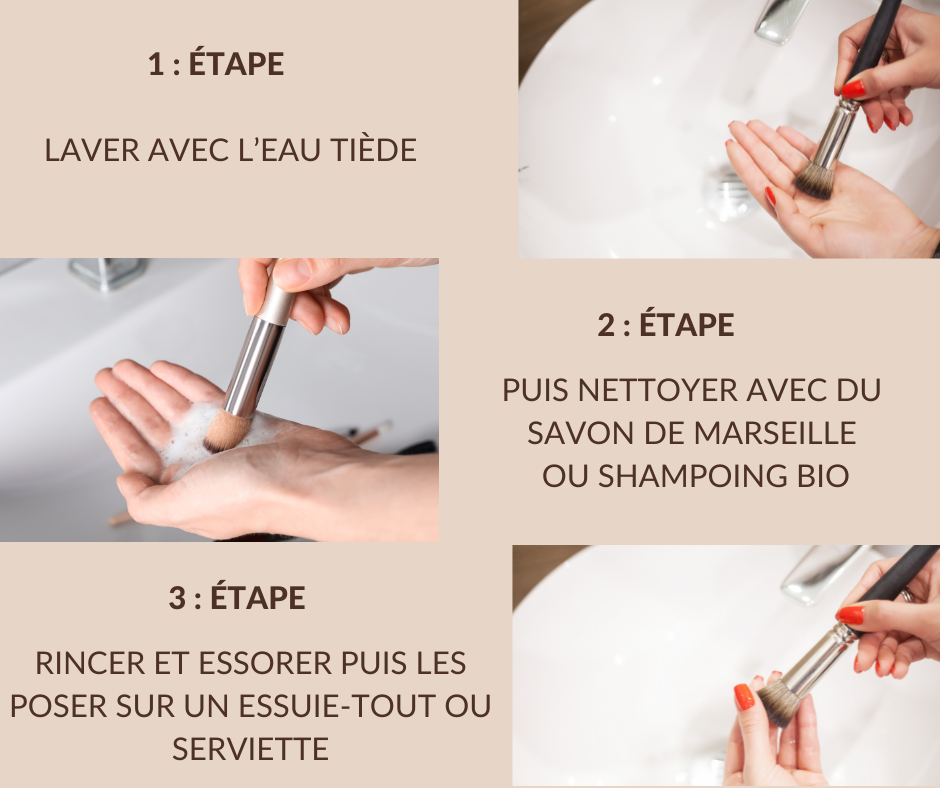 Les étapes pour nettoyer les accessoires à maquillage.